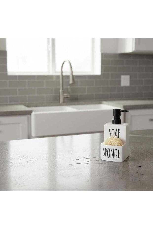 Ceramic Kitchen Liquid Soap Dispenser and Sponge Holder Compartmented Detergent Dispenser - 4