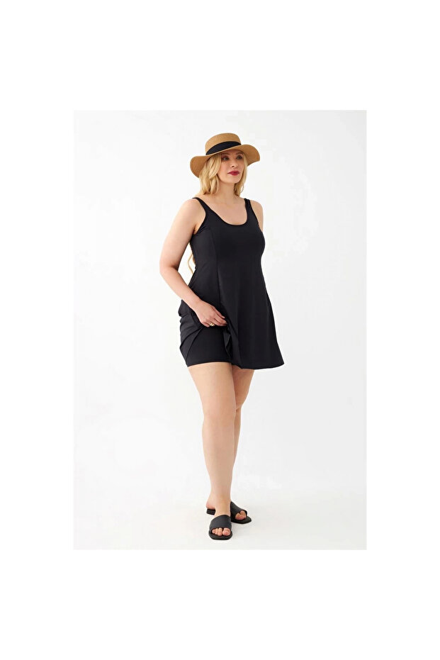 Mi̇ray- Women's Black Plus Size Plain Dress Swimsuit - 3