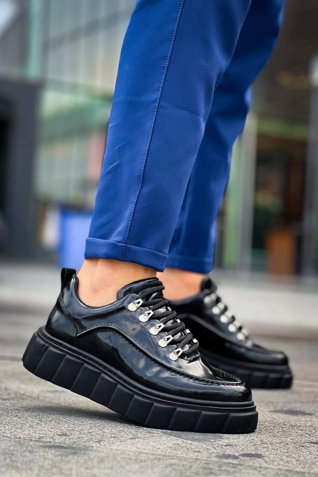 Kb-X10 Men's Casual Lace-Up Patent Leather Sports Sneaker Shoes Rst - Black