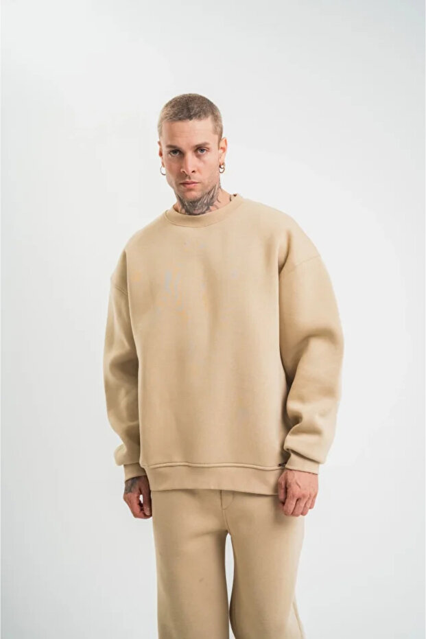 Long Sleeve Crew Neck Basic Sweatshirt - Beige - 3