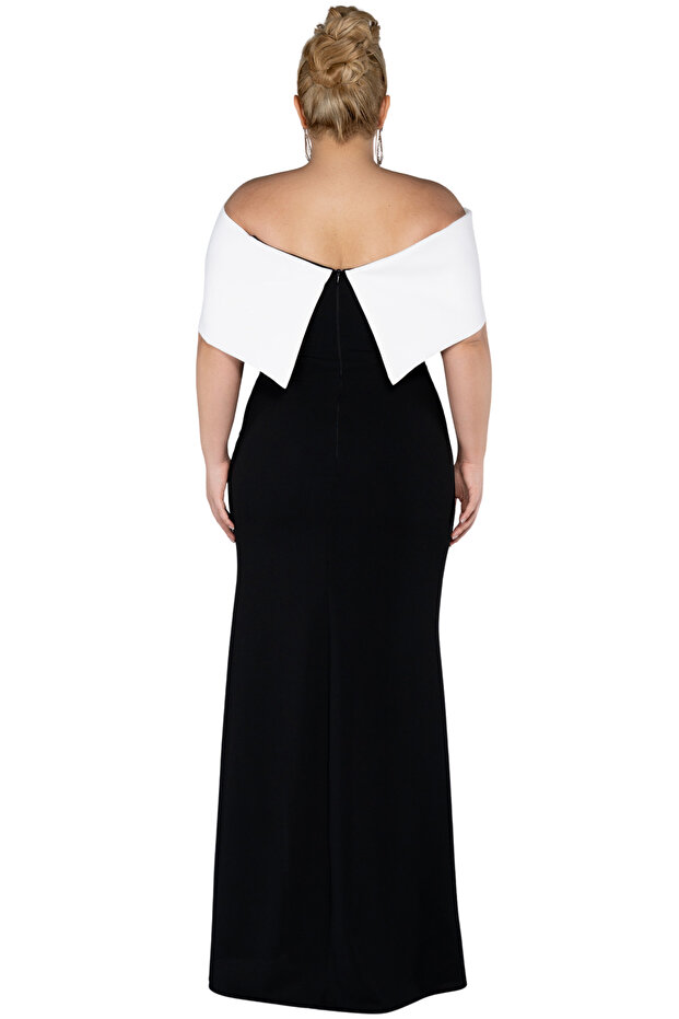 Plus Size Long Evening Dress, Boat Neck Rhinestone Brooch, Slit Dress Fish Form Chic Wedding Party Dress 46-52 - 4