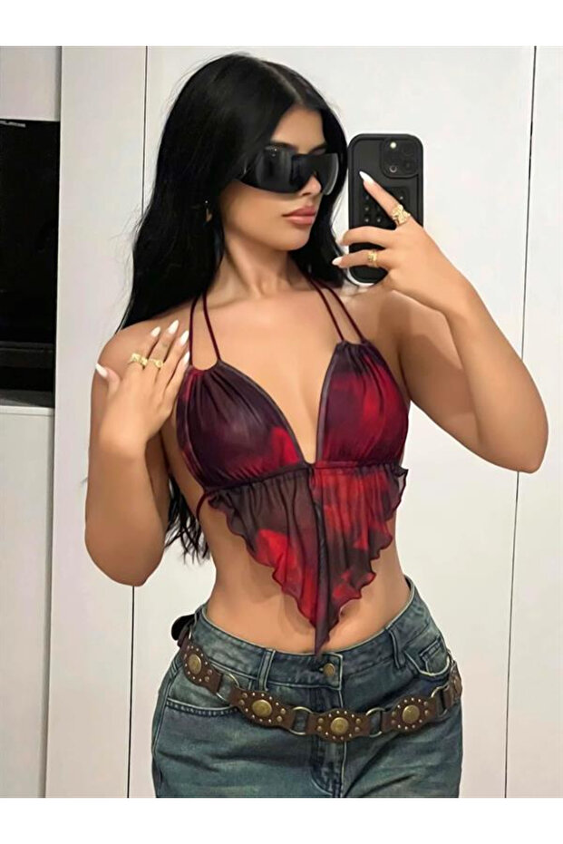 Dodes Dodes Red Black Patterned Thin Strap Triangle Cut Crop - 2