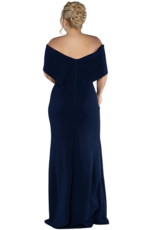 Plus Size Long Evening Dress, Boat Neck Rhinestone Brooch, Slit Dress Fish Form Chic Wedding Party Dress 46-52 - 3