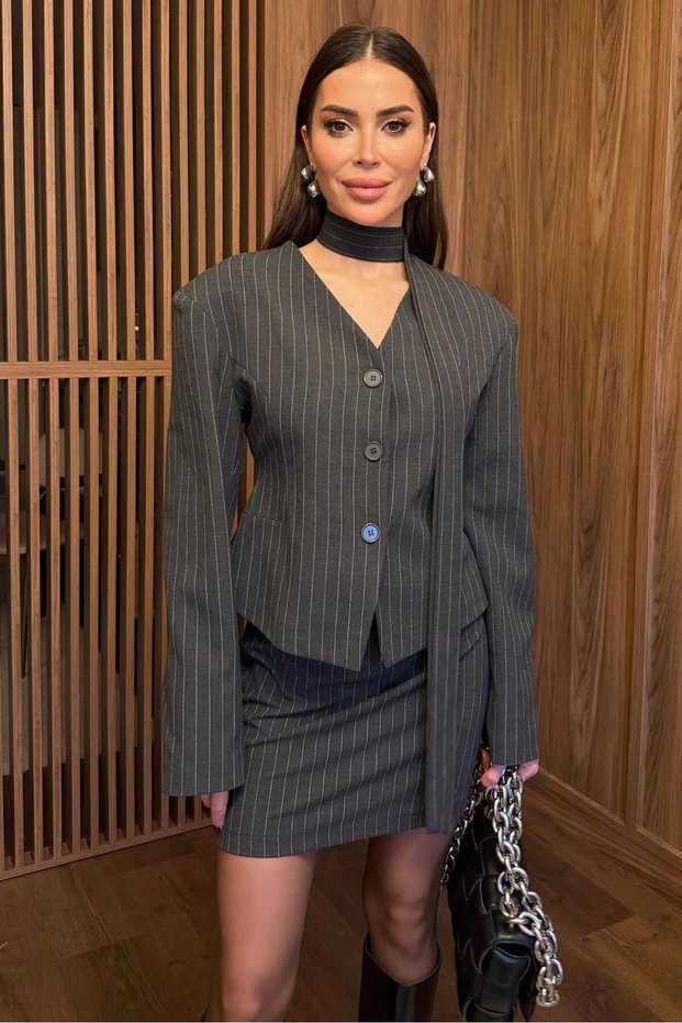 Neck Wrap Shawl Detail Fitted at the Waist Premium Buttoned Lined Blazer Jacket Skirt Pinterest Equivalent Set