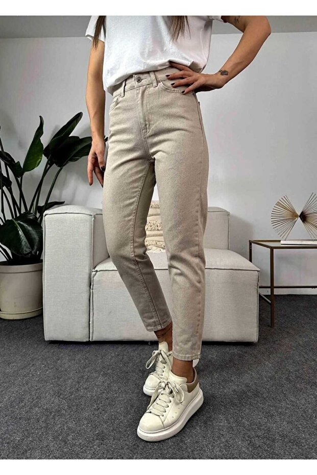 Jx-95200 Women's Mom Jean Stretch Fabric Cream High Waist Denim Pants (Not Showing Inside)