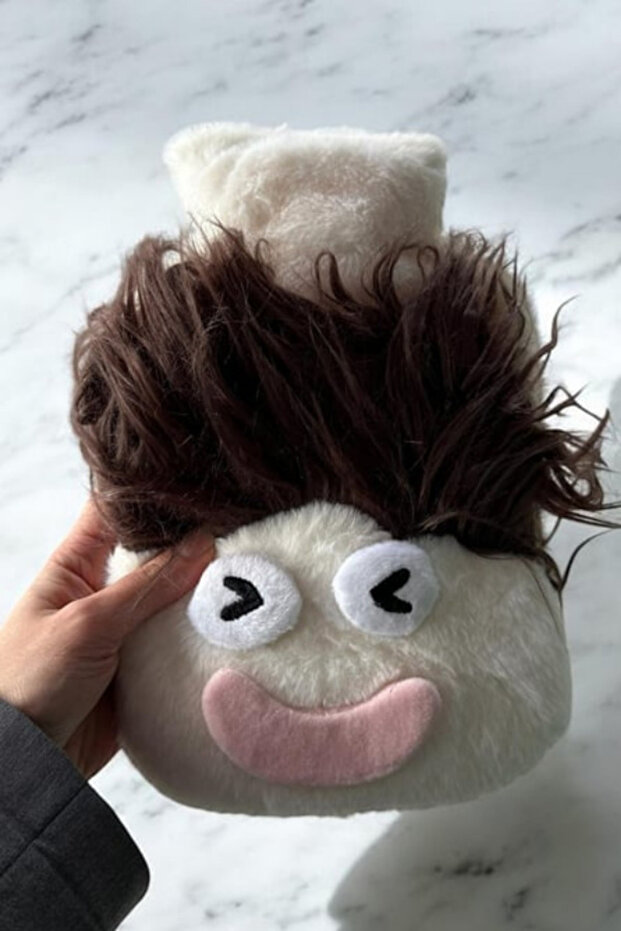 Warm Water Bag with Soft Plush Cover Featuring White Monster Figure - Cute Design