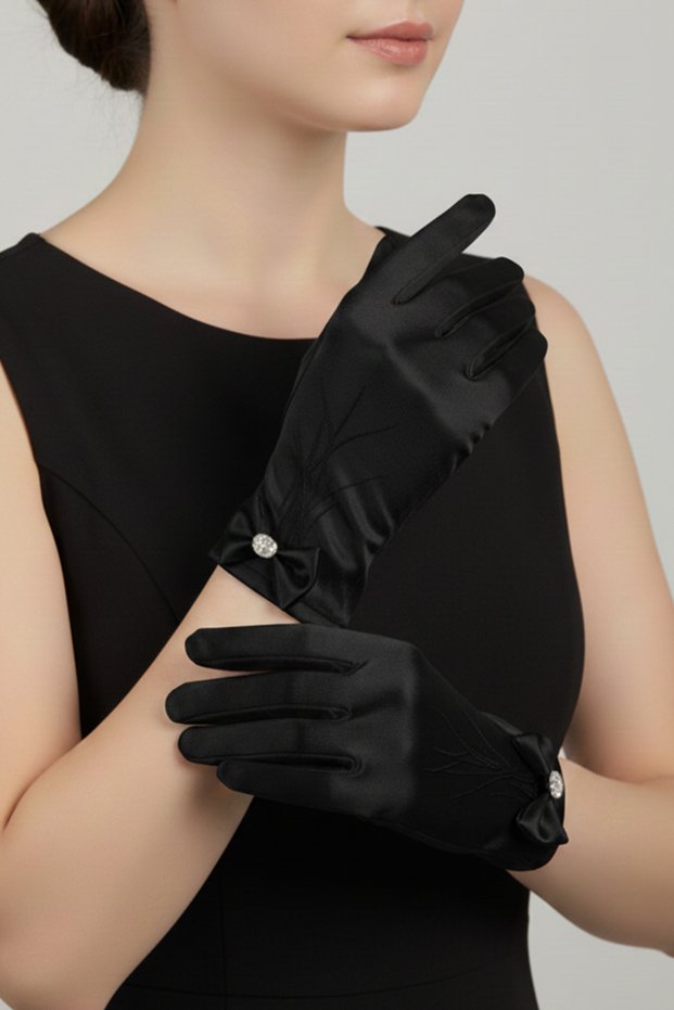 Satin Bridal Gloves - Short Wedding Gloves with Bow and Stone Detailing - Vintage Wedding Accessory
