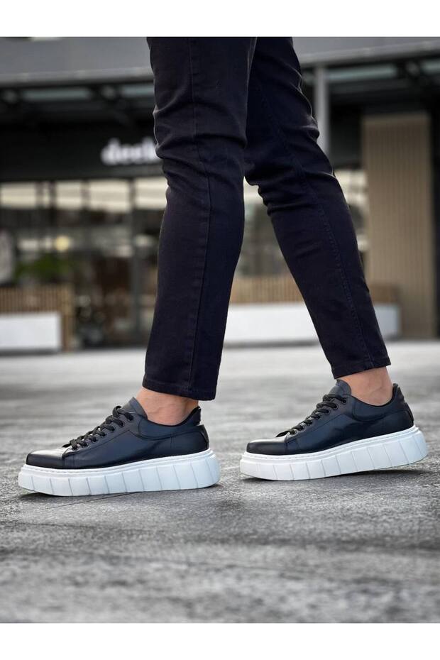 Mhd-099 Men's Lace-Up High Sole Leather Sneaker Shoes Cbt - Black - 3