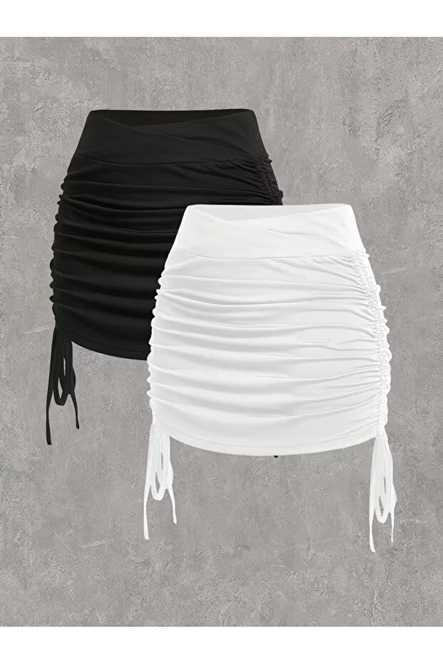Women's Gathered Black-White 2-Piece Mini Skirt
