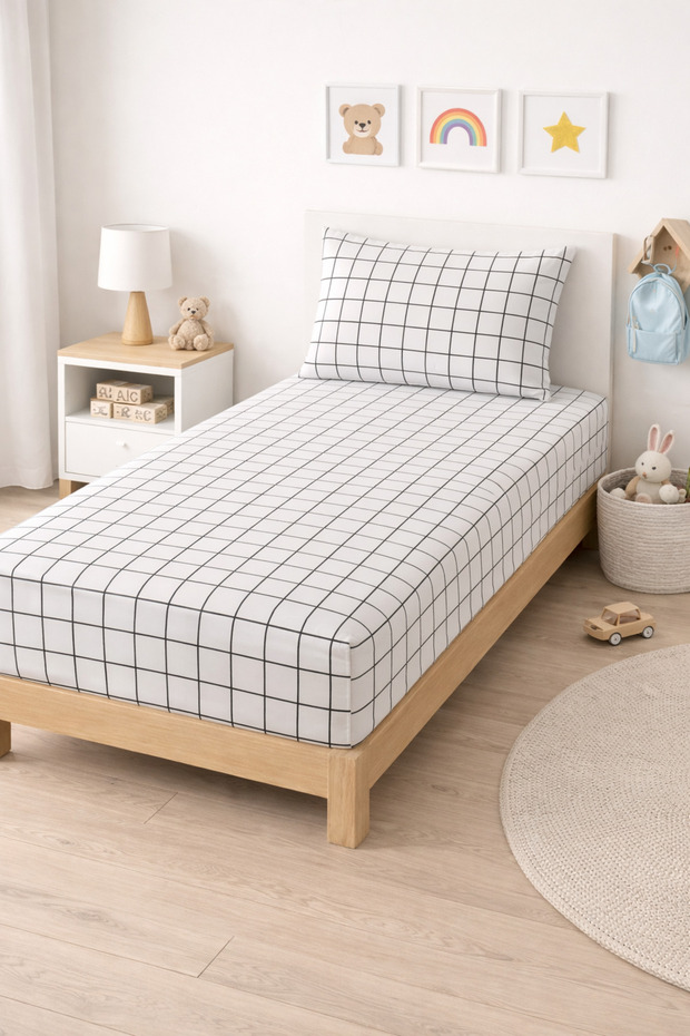 Single Person Cotton |   Elastic |   Sheet Set |   White Square - 2