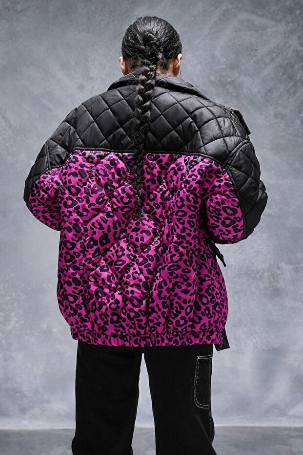 Black Color Leopard Printed Women's Quilted Coat - 3