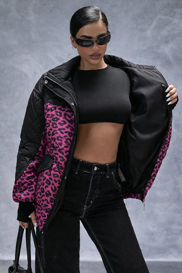 Black Color Leopard Printed Women's Quilted Coat - 6