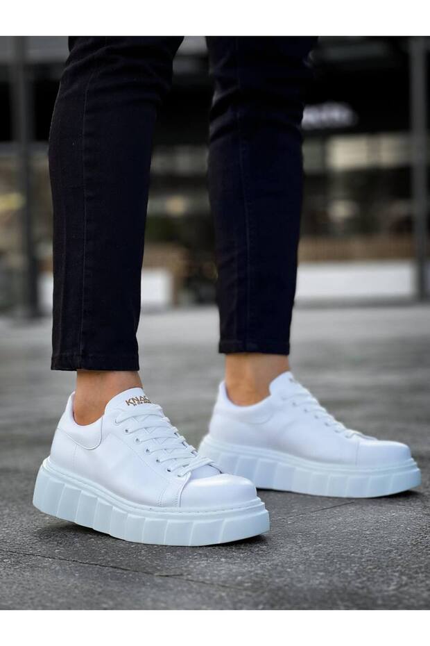 Mhd-099 Men's Lace-Up High Sole Leather Sneaker Shoes Cbt - White - 2