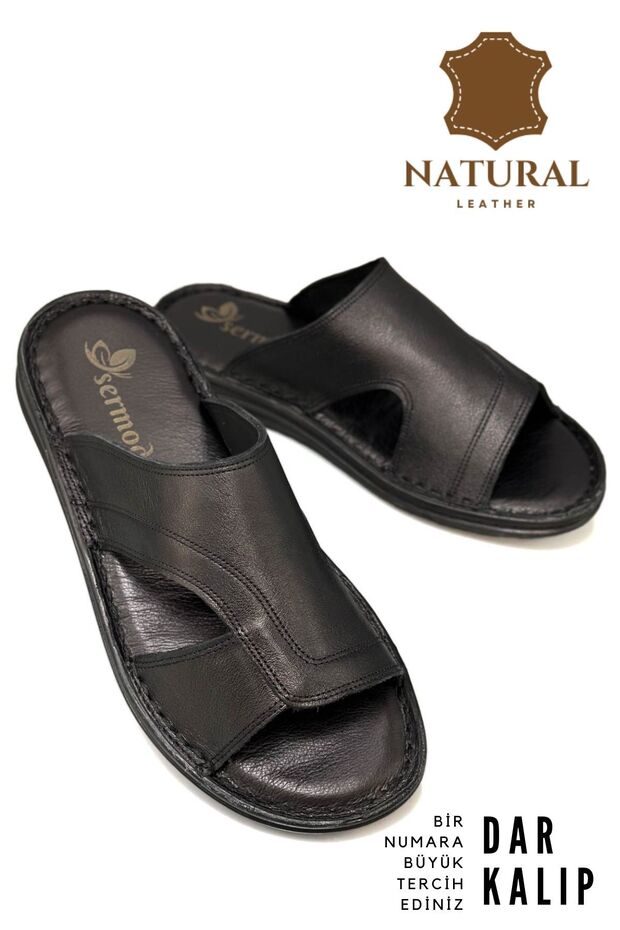 Genuine Real Leather Men's Slippers Light Slippers Leather A Black - 5