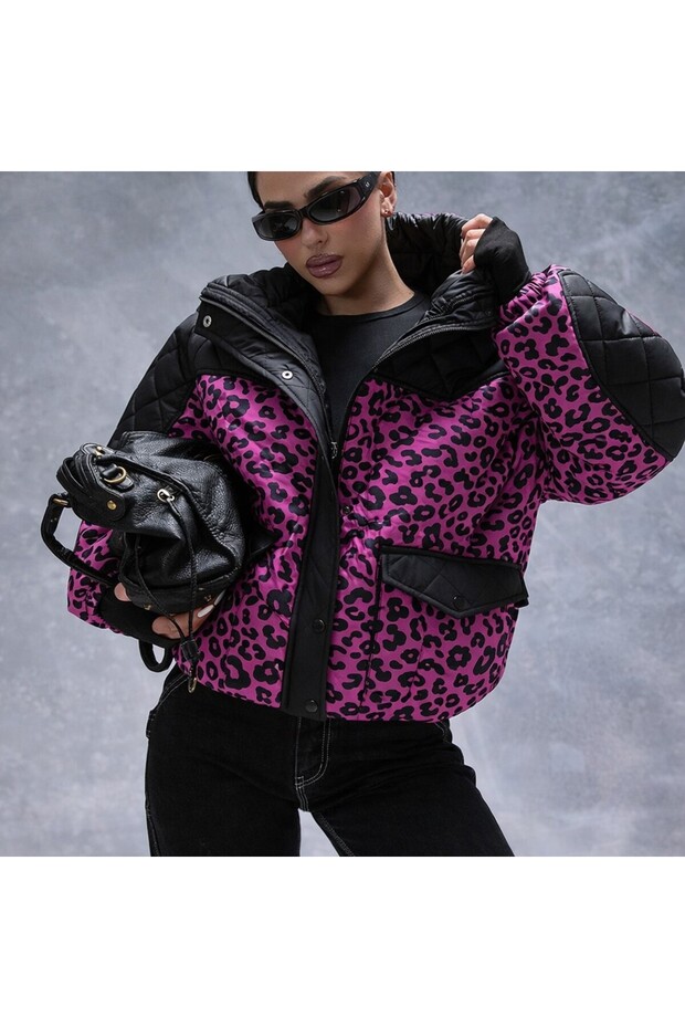 Black Color Leopard Printed Women's Quilted Coat - 7