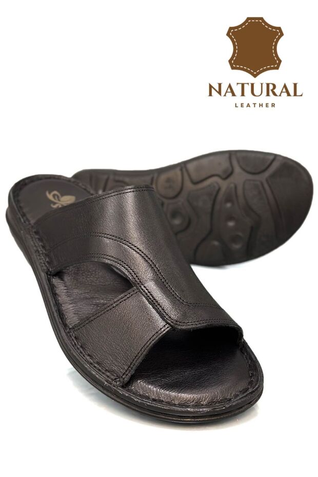 Genuine Real Leather Men's Slippers Light Slippers Leather A Black - 6