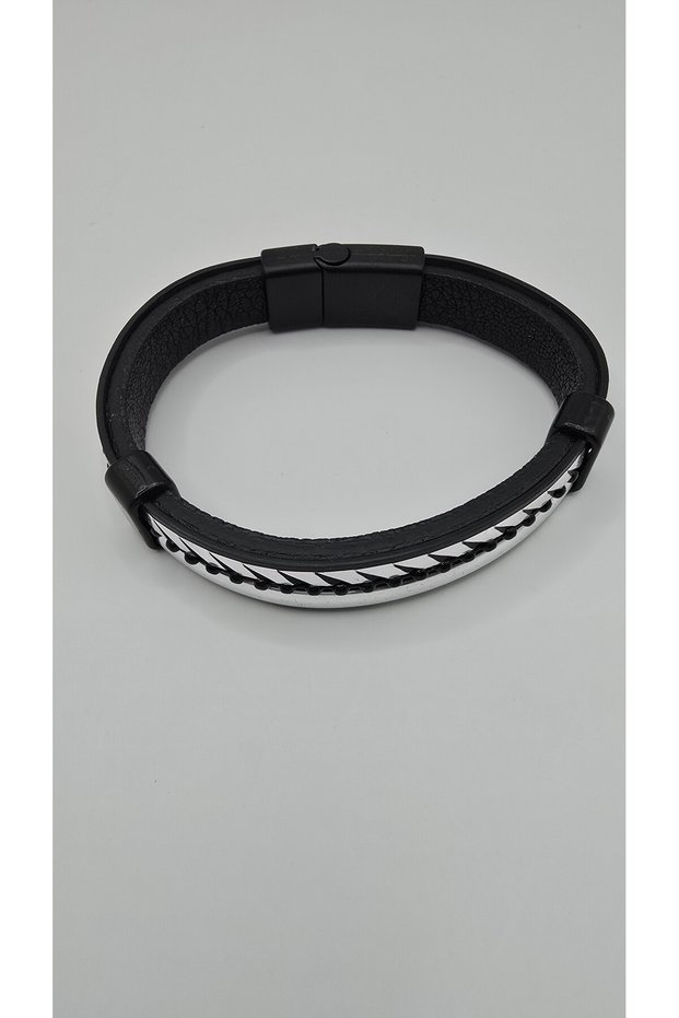 Faux Leather Silver Color Beaded Stone Magnetic Snap Men's Bracelet