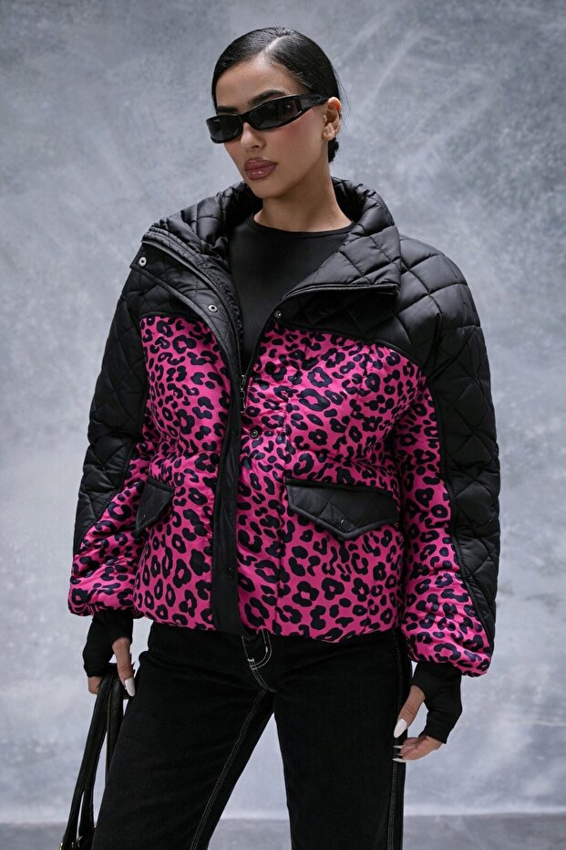 Black Color Leopard Printed Women's Quilted Coat - 1