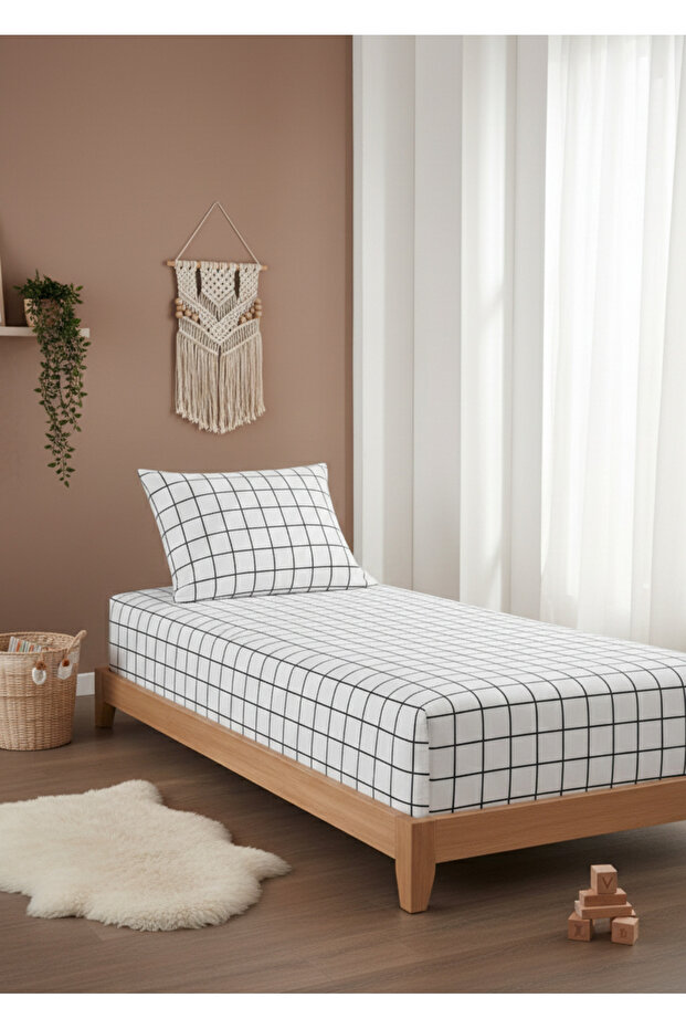 Single Person Cotton |   Elastic |   Sheet Set |   White Square - 1