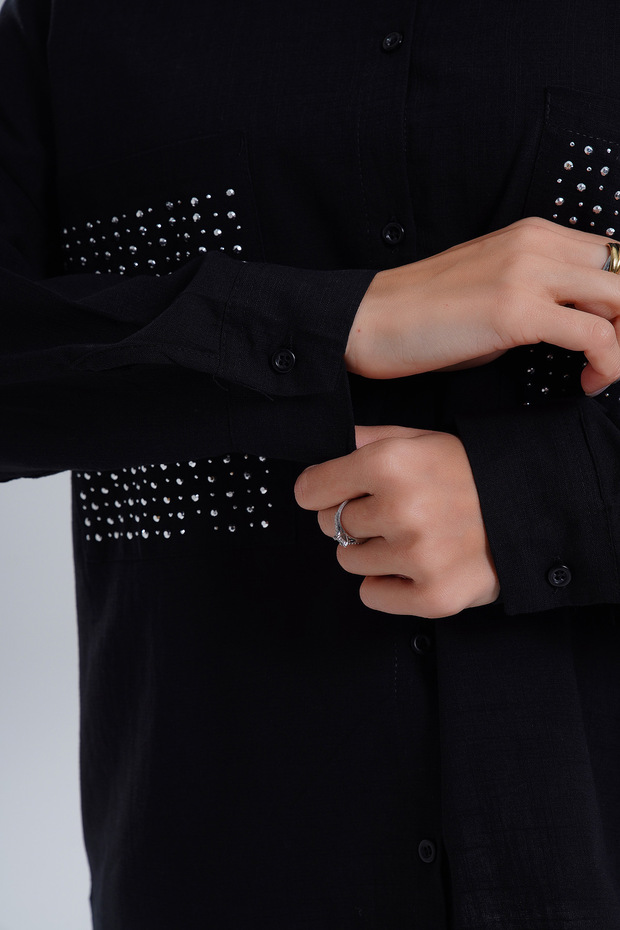 Black Double Pocket Stoned Oversize Poplin Shirt - 3