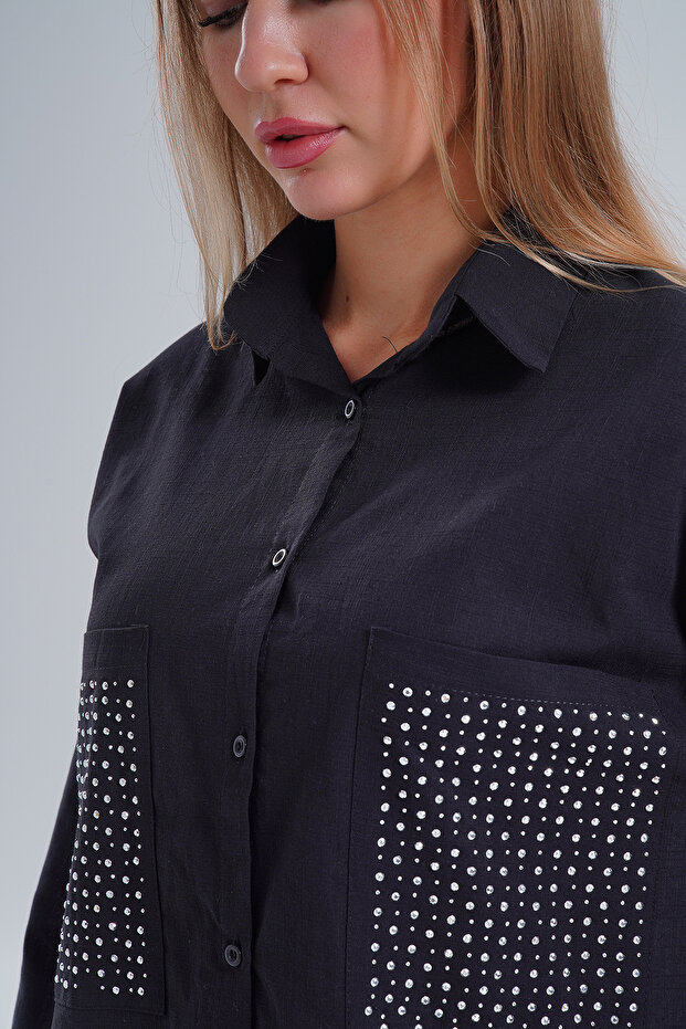 Black Double Pocket Stoned Oversize Poplin Shirt - 2