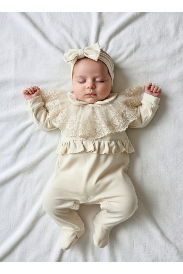100% Cotton Baby Girl Long Sleeve Transitional Jumpsuit with Headband