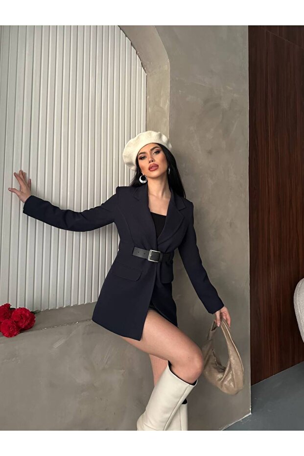 Women's Leather Belt Detailed Blazer Jacket