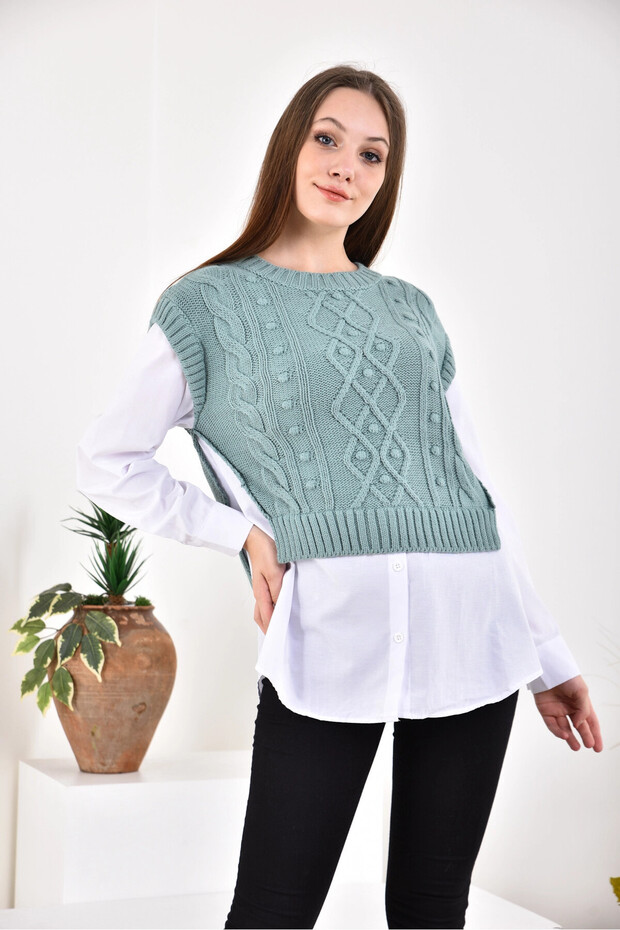 Women's Crew Neck Knit Detail Knitwear Paneled Shirt 5821 - 7