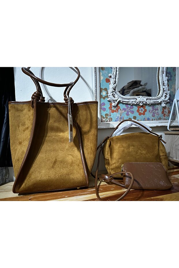 Deri biyeli süet çanta - 1