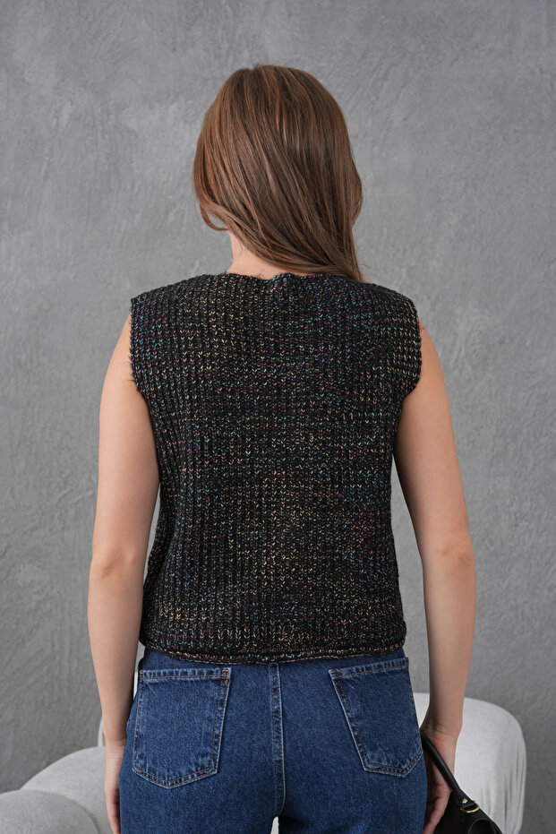 Women's Wide Collar Button Detail Thessaloniki Knit Sleeveless Knitwear Vest 8606Sw - 8