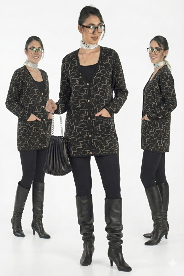 Classic Knitted Buttoned Jacket with Heart Pattern