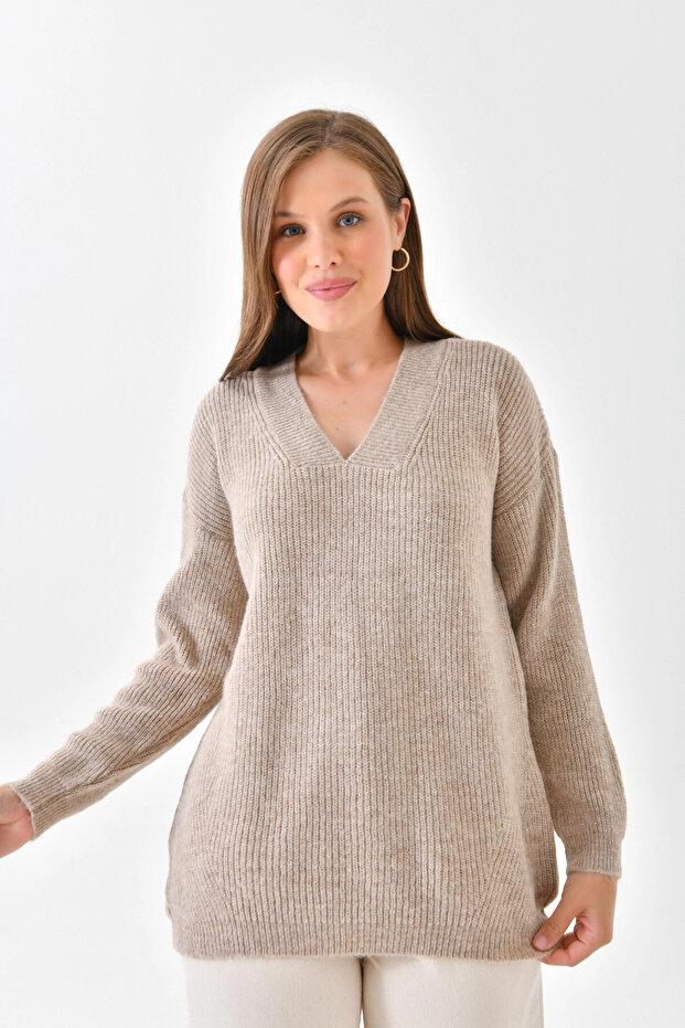 Women's V-Neck Ribbed Knit Sweater 217074Sw
