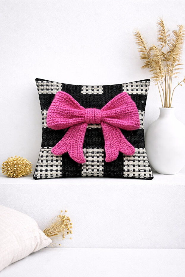 3D Fuchsia Bow Detailed Graphic Lattice Pattern Decorative Throw Pillow Cover (45X45 cm)