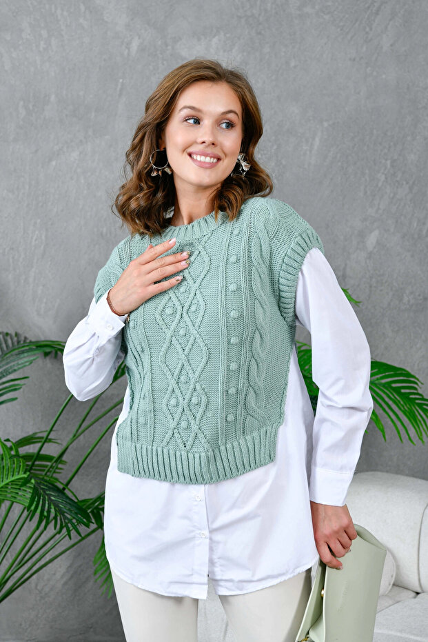 Women's Crew Neck Knit Detail Knitwear Paneled Shirt 5821 - 5