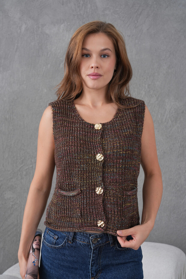 Women's Wide Collar Button Detail Thessaloniki Knit Sleeveless Knitwear Vest 8606Sw - 2