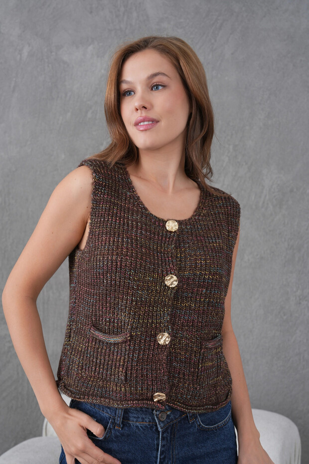 Women's Wide Collar Button Detail Thessaloniki Knit Sleeveless Knitwear Vest 8606Sw - 3