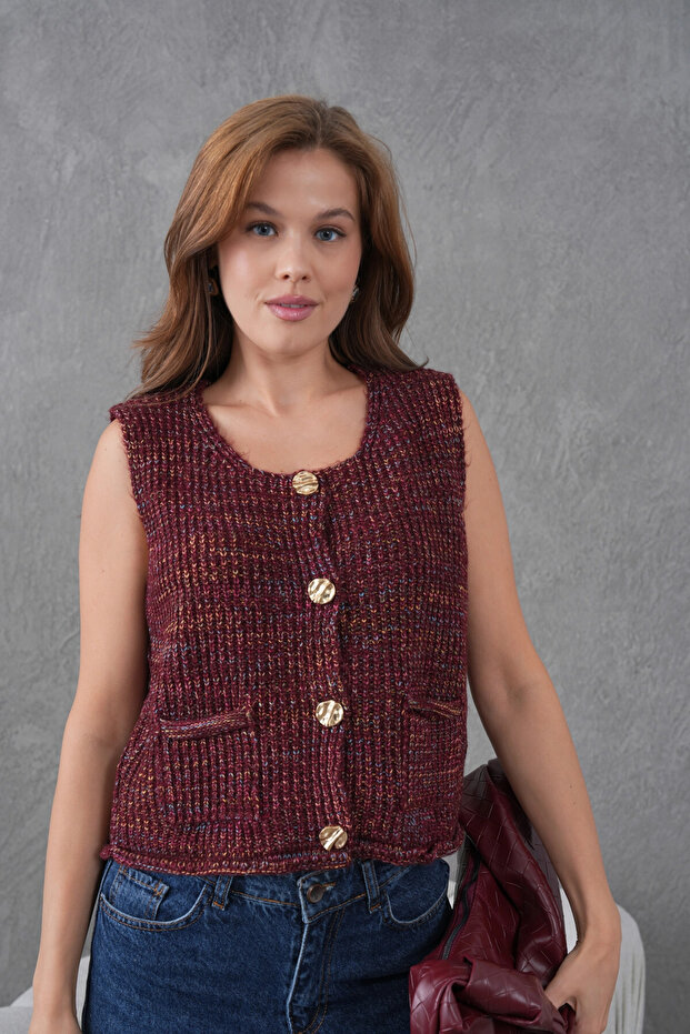 Women's Wide Collar Button Detail Thessaloniki Knit Sleeveless Knitwear Vest 8606Sw - 3