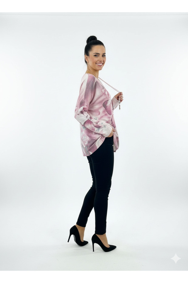 Women's Butterfly Patterned Thin Angora Italian Blouse - Pink - 2