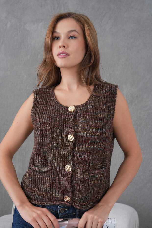 Women's Wide Collar Button Detail Thessaloniki Knit Sleeveless Knitwear Vest 8606Sw - 4