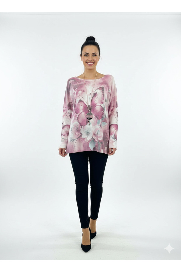 Women's Butterfly Patterned Thin Angora Italian Blouse - Pink - 1