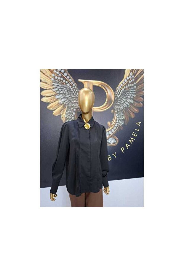 BLACK SHIRT WITH GOLDEN BROOCH - BLACK, M/L - 2