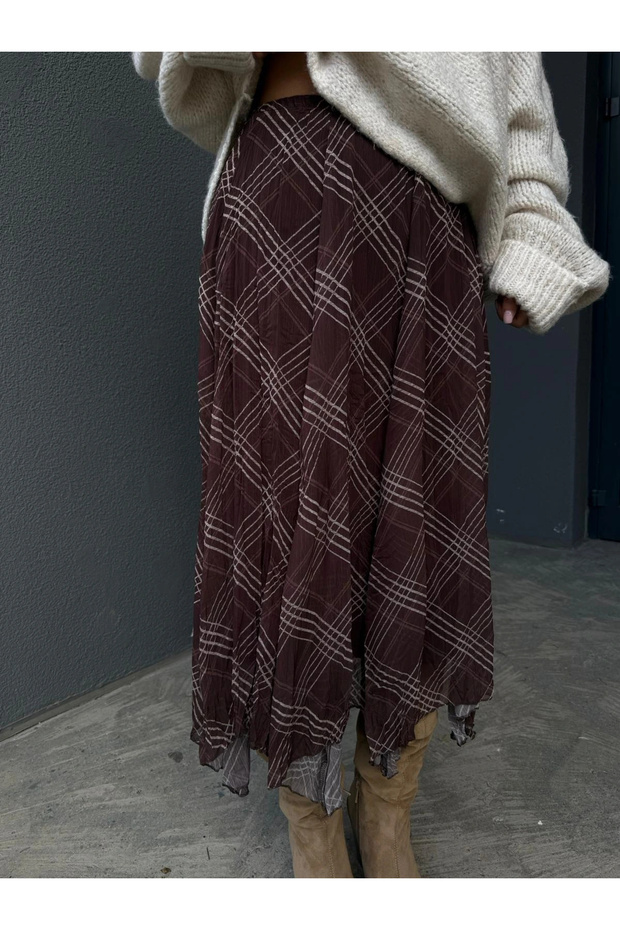 Women's Brown Lined Plaid Patterned Chiffon Skirt - 1