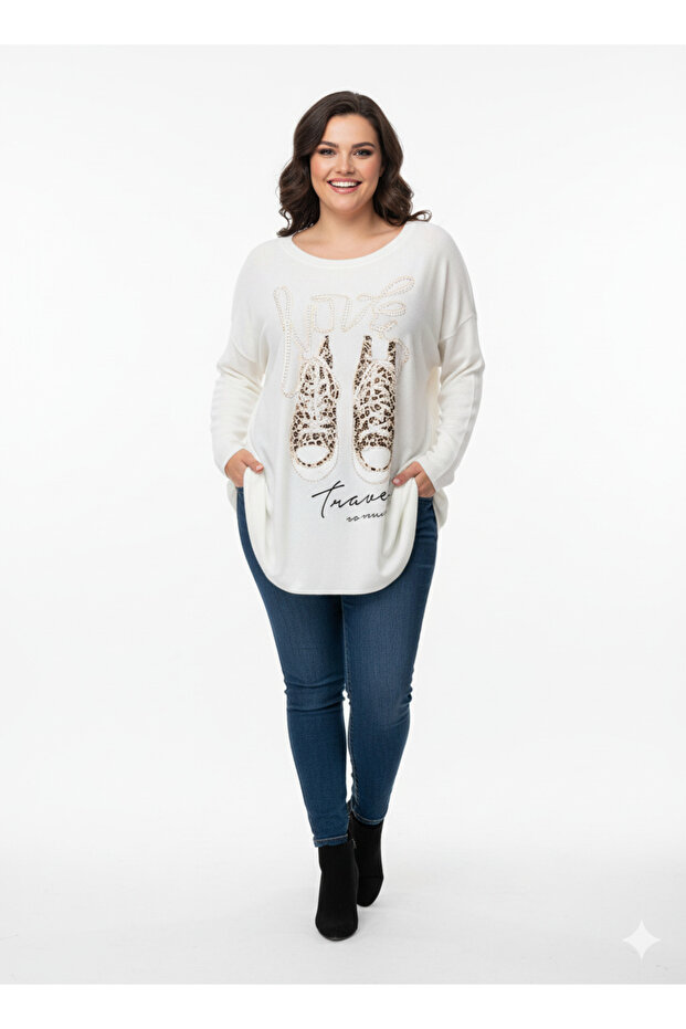 Women's Sequin Patterned Cotton Wool Italian Blouse - White - 1