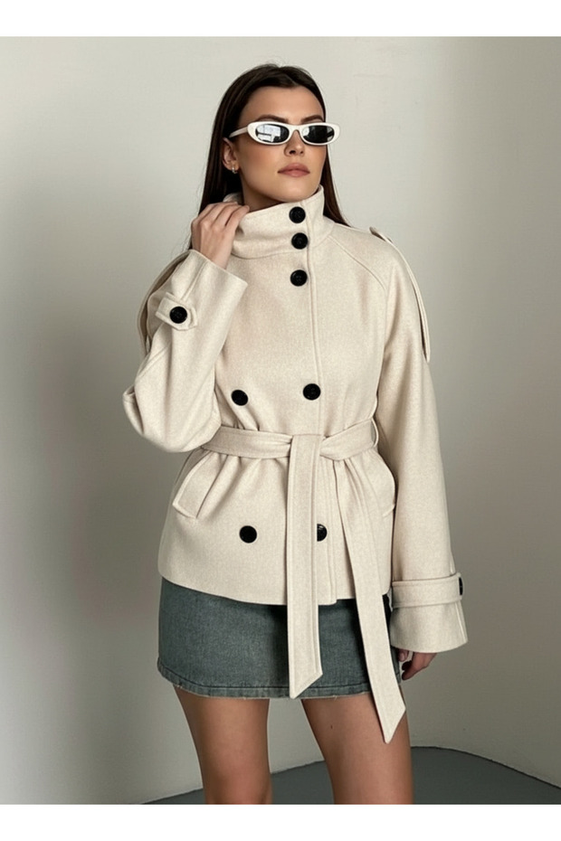 Women's Mock Neck Belted Short Lined Cashmere Coat - 1