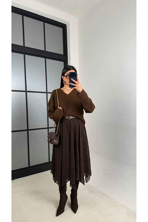 Women's Bitter Brown Lined Asymmetrical Cut Premium Skirt - 5