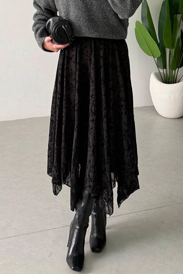 Women's Black Lined Asymmetrical Cut Premium Skirt - 2