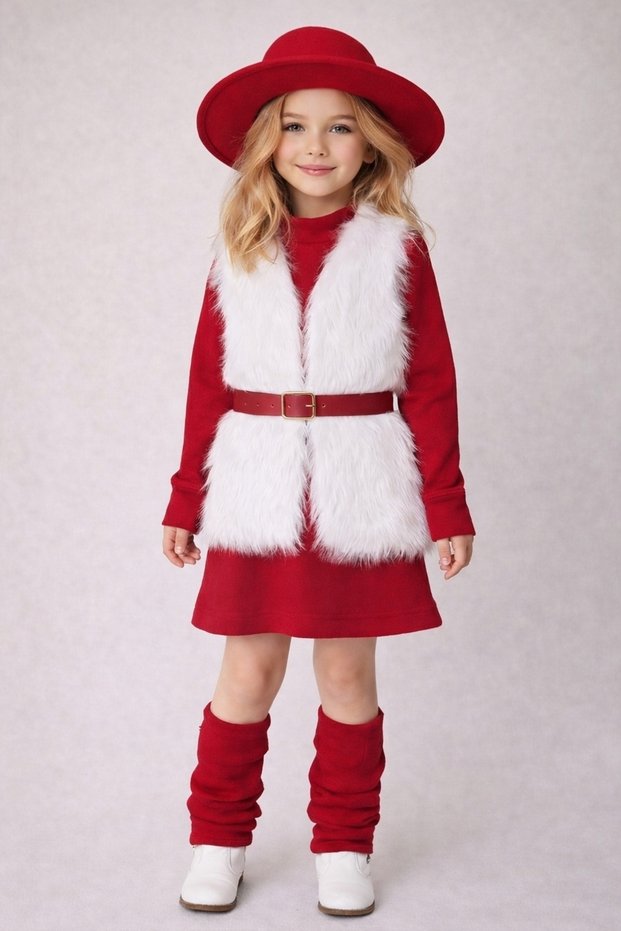 Girl's Dress, Fur Vest, Hat, Belt and Dust Coat