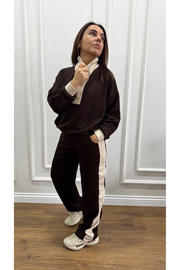 Cream Striped Brown Tracksuit Set