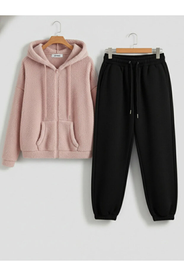 Unisex Cut Zippered Plush Tracksuit Set Oversized Mold Hooded Plush Cardigan Sweatpants Set