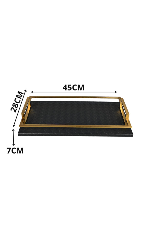 صينية تقديم مستطيلة الشكل بإطار من الجلد الأسود والفولاذ النحاسي - 5